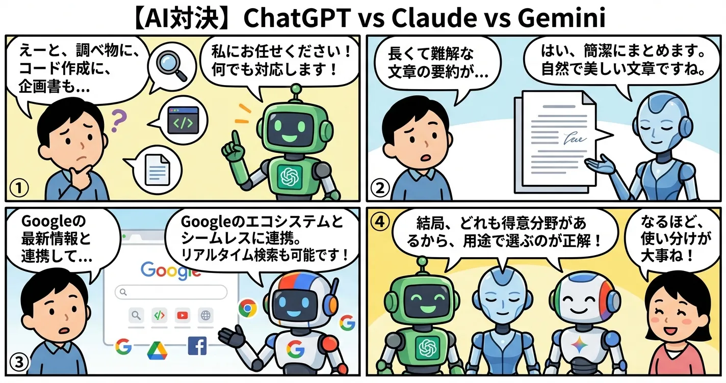 【ChatGPT vs Claude vs Gemini】3大AIチャット徹底比較2026年版