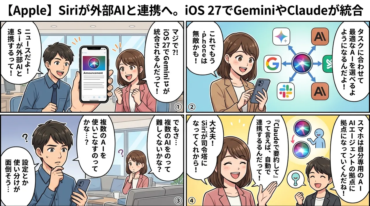 【Apple】Siriが外部AIと連携へ。iOS 27でGeminiやClaudeが統合