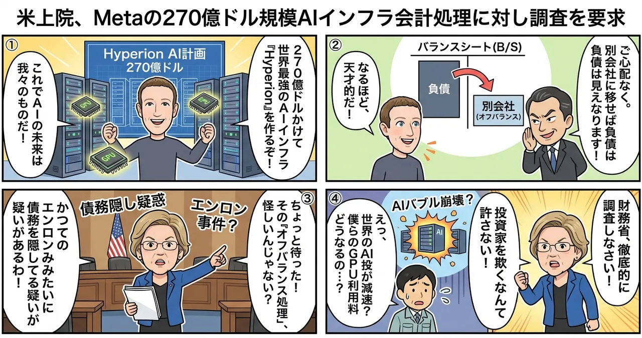 【Meta】米上院が270億ドルのAIインフラ会計を問題視。債務隠しの疑いで調査へ
