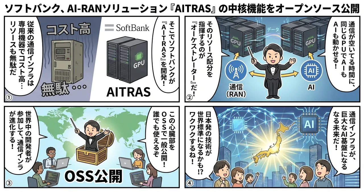 【AITRAS】ソフトバンクがAI-RANの心臓部をオープンソース化！通信インフラの未来が変わる？