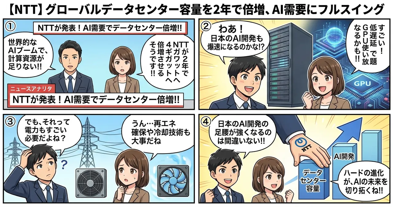 【NTT】グローバルデータセンター容量を2年で倍増、AI需要にフルスイング