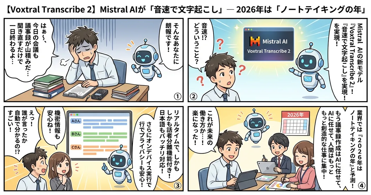 【Voxtral Transcribe 2】Mistral AIが「音速で文字起こし」— 2026年は「ノートテイキングの年」