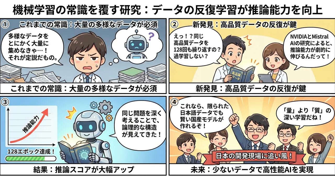 【学習データ】同じデータを128回繰り返すだけでAIが賢くなる？推論能力を劇的に向上させる新手法