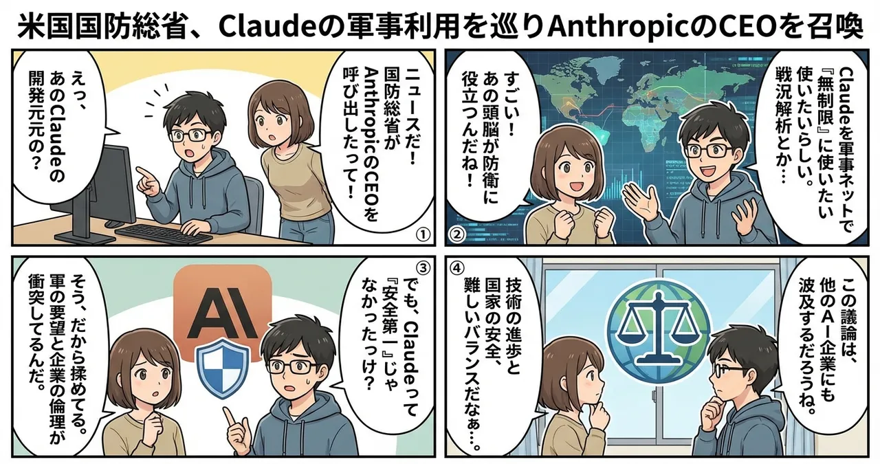 【Claude】米国国防総省がAnthropicのCEOを召喚、軍事利用の制御を巡り議論が激化