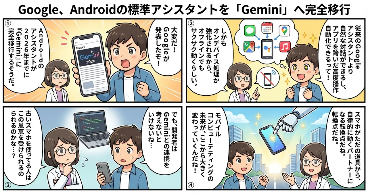 【Android】GoogleアシスタントがGeminiへ完全移行、2026年までのロードマップを発表