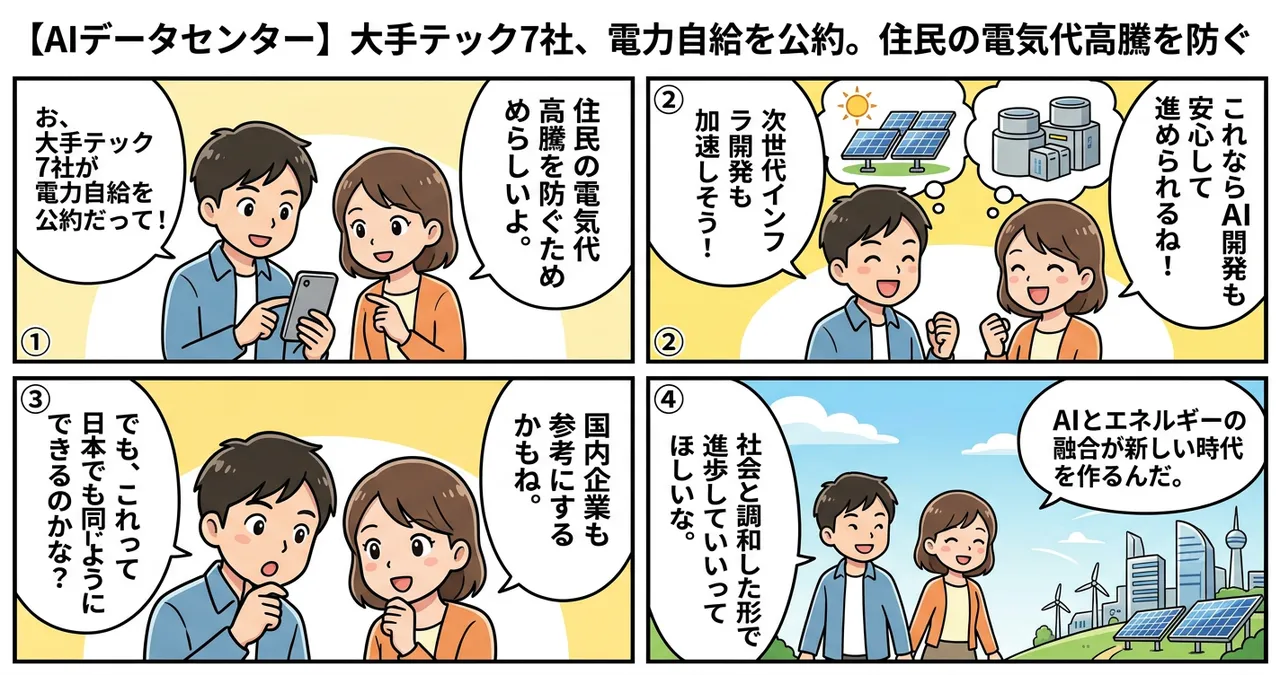 【AIデータセンター】大手テック7社、電力自給を公約。住民の電気代高騰を防ぐ